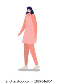 woman with safety mask and pink dress vector illustration design