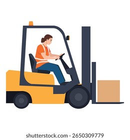 Woman in a safety vest skillfully driving a forklift to transport a large box. Flat vector illustration isolated on white background