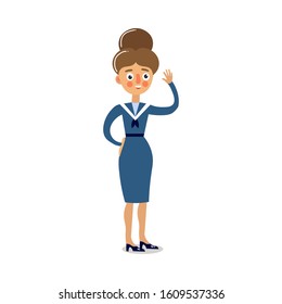 Woman sailor in blue dress standing and greeting vector illustration
