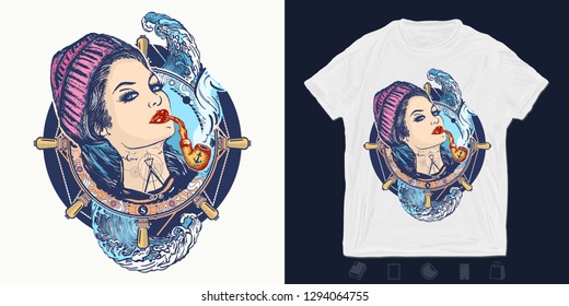 Woman sailor. Print for t-shirts and another, trendy apparel design. Pin-up style. Girl in the seaman's suit  