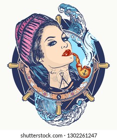 Frauensegler Tattoo und T-Shirt Design. Pin-Up-Stil. Mädchen im Anzug des Seemanns 