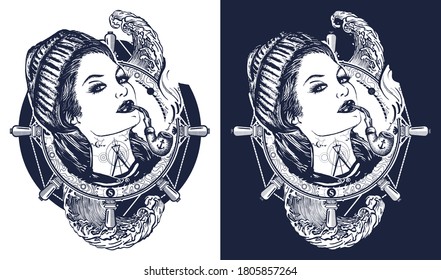 Woman sailor tattoo and t-shirt design. Pin-up style. Girl in the seaman's suit. Sea adventure art. Black and white vector graphics 