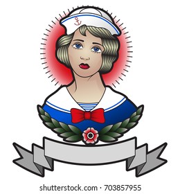 Woman Sailor Vector Portrait Traditional Tattoo Design