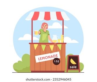 Concepto de limonada de venta de mujeres. Muchacha con gafas y bebidas frías. Vendedor y comprador al aire libre. Postre y delicadeza para el clima cálido y la temporada de verano. Dibujo vectorial plano de dibujos animados