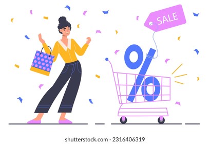 Woman with sale vector concept. Young girl with package stands near cart with interest. Special offer, discounts and promotions. Internet marketing and electronic commerce. Cartoon flat illustration