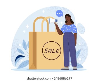 Woman with sales. Young girl with loudspeaker near shopping bag. Marketing and commerce, product promotion. Marketer with discounts and sales. Flat vector illustration isolated on white background