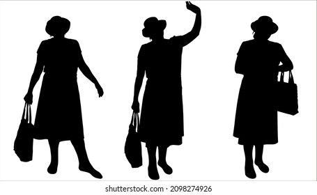 The woman salutes by waving her hand. Meeting. A woman in a hat, skirt, blouse, dress with a handbag. The lady is holding a bag in her hand. Three black female silhouettes isolated on white background