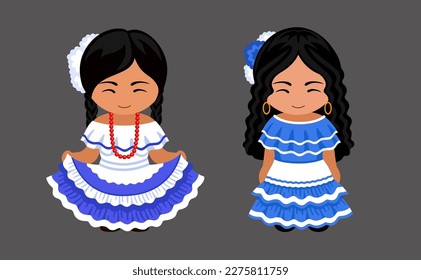 Mujer con traje nacional de Salvador. Muchacha salvadoreña con traje étnico tradicional. Carácter femenino latinoamericano. Ilustración vectorial plana.