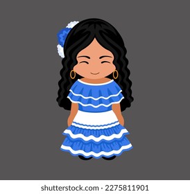 Woman in Salvador national costume. Salvadoran girl in traditional ethnic dress. Latin American female character. Flat vector illustration.