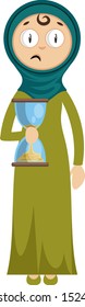 Woman with sand watch, illustration, vector on white background.