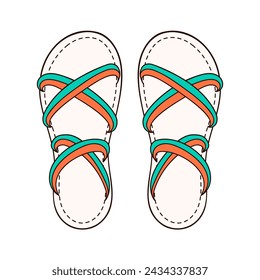 Woman Sandals icon in cartoon style. Bare foot green and orange slippers design for shoes store. Vector illustration isolated on a white background.