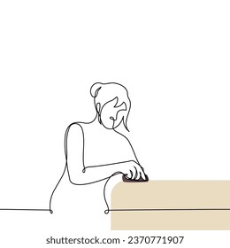 woman sanding wood with sandpaper or doing cleaning - one line art vector. wood processing concept, craftswoman at work on wood, cleaning