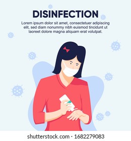Woman sanitizing hands with gel against virus corona