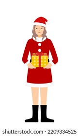 Woman in Santa Claus handing out presents