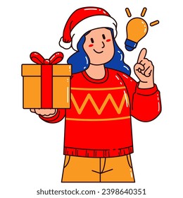 Woman in a Santa Claus hat holding a gift box and light blub