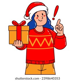 Woman in a Santa Claus hat holding a gift box