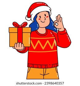 Woman in a Santa Claus hat holding a gift box