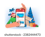 woman in santa claus hat selecting and booking excursions in mobile app on smartphone screen tour personal guide selection