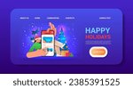 woman in santa claus hat selecting and booking excursions in mobile app on smartphone screen tour personal guide selection christmas holidays celebration