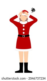 Woman in Santa Claus with head in distress
