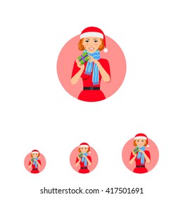 Woman in Santa costume holding gift box
