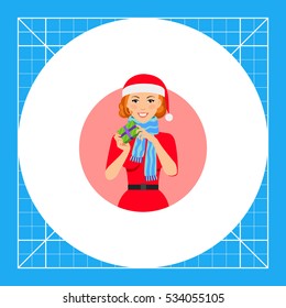 Woman in Santa costume holding gift box