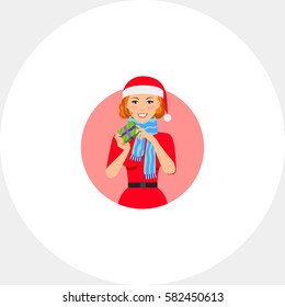Woman in Santa costume holding gift box