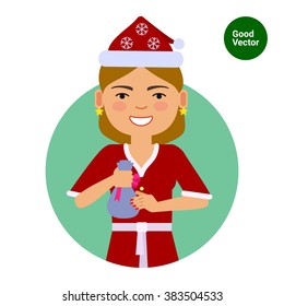 Woman in Santa costume holding small sack