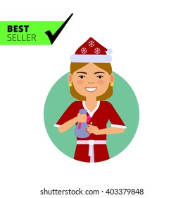 Woman in Santa costume holding small sack