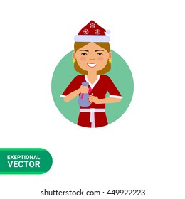 Woman in Santa costume holding small sack