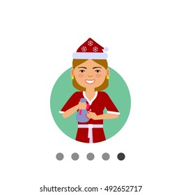 Woman in Santa costume holding small sack