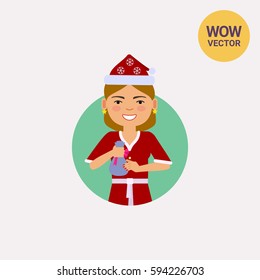 Woman in Santa costume holding small sack