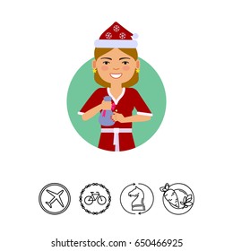 Woman in Santa costume holding small sack