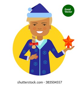 Woman in Santa costume holding star