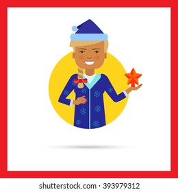 Woman in Santa costume holding star