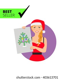 Woman in Santa costume showing picture