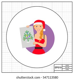 Woman in Santa costume showing picture