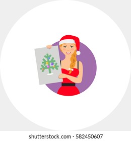 Woman in Santa costume showing picture