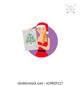 Woman in Santa costume showing picture