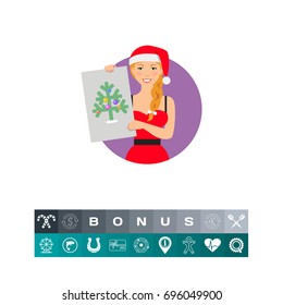 Woman in Santa costume showing picture