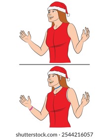 Una mujer en un sombrero de santa está dando un discurso con sus manos. Puedes encontrar cinco diferentes en estas dos imágenes. La ilustración en colores y formato de Vector.