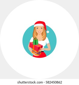 Woman in Santa hat holding gift boxes