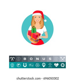 Woman in Santa hat holding gift boxes