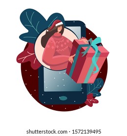 Woman in Santa Hat Holding Huge Gift Box Present Send or Got Parcel Mobile App Smartphone. Happy New Year and Christmas. Internet post help Congratulate friends Online Flat Cartoon vector illustration