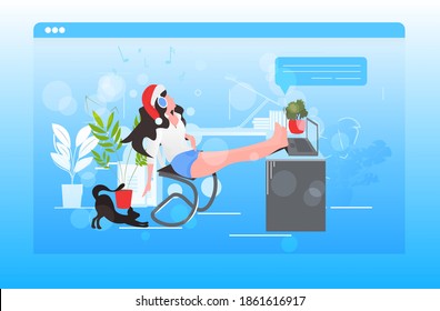 woman in santa hat listening to music girl relaxing at workplace happy new year merry christmas holidays celebration concept horizontal full length vector illustration