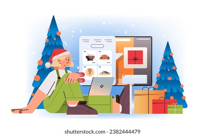 woman in santa hat ordering and buying food in computer app on laptop screen online shopping happy new year celebration concept
