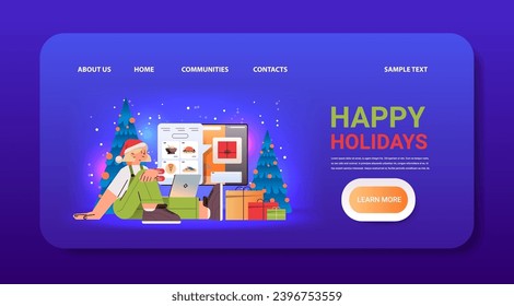 woman in santa hat ordering and buying food in computer app on laptop screen online shopping happy new year celebration concept