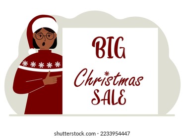 A woman in a santa hat and an ugly sweater next to a Big Christmas Sale poster. Christmas market. Vector flat illustration.