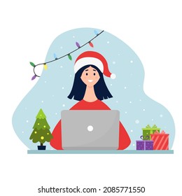 Woman in santa hat working on laptop. Christmas workplace. Flat vector illustration.