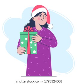 A woman in Santa red hat holding Christmas gift in hand. Color illustration in a flat style. Vector